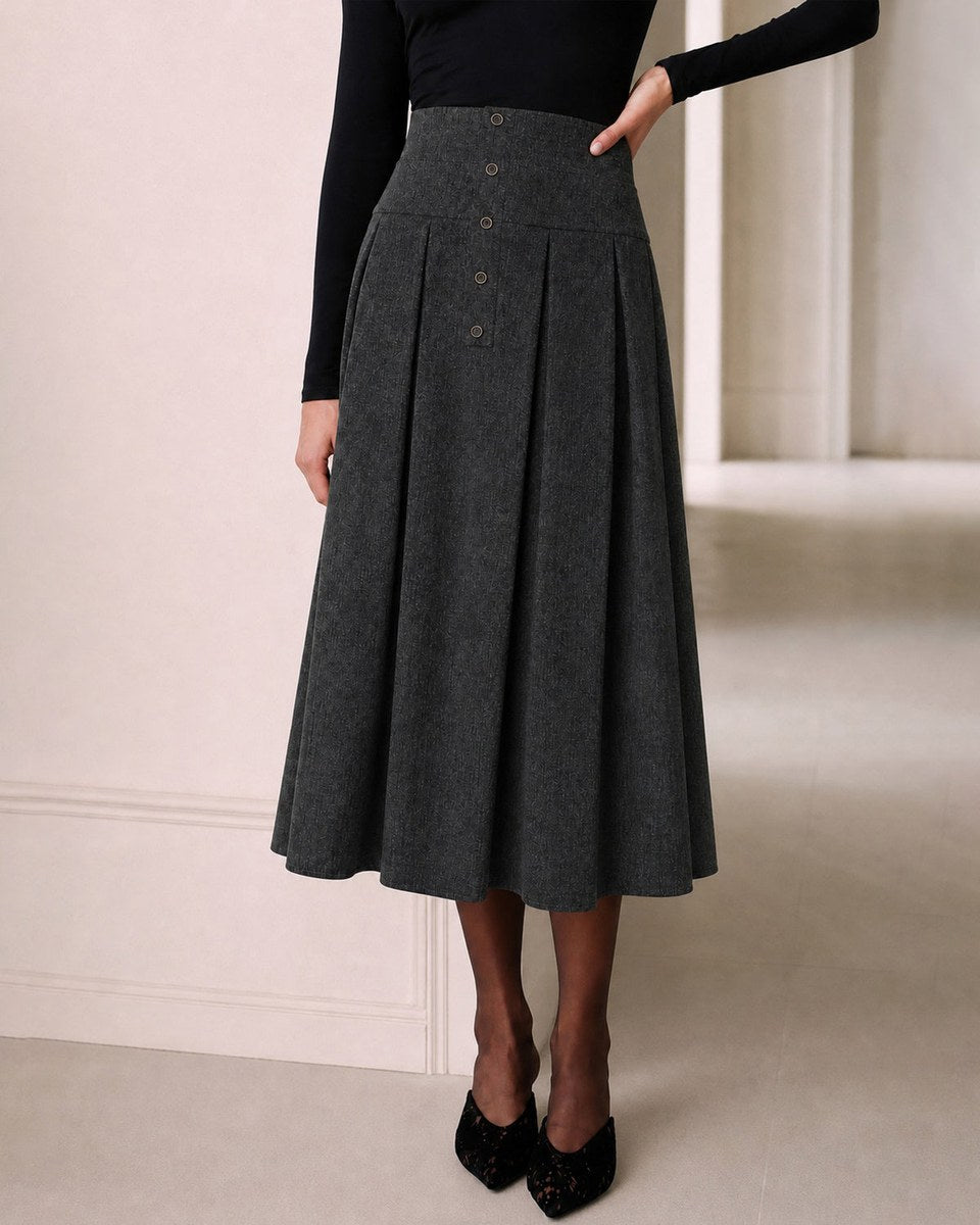 Grey Button A-Line Midi Skirt