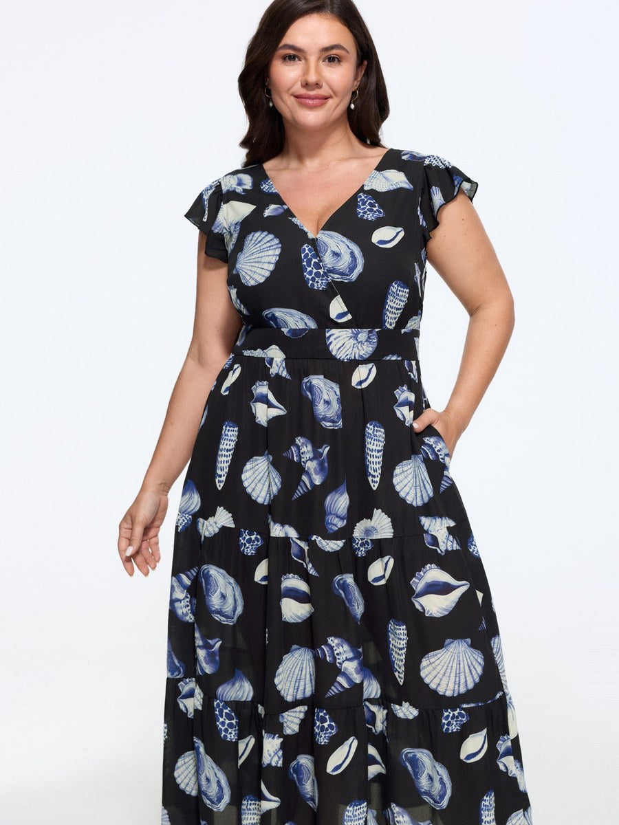 Seashell Print Tiered Ruffle Hem Midi Dress
