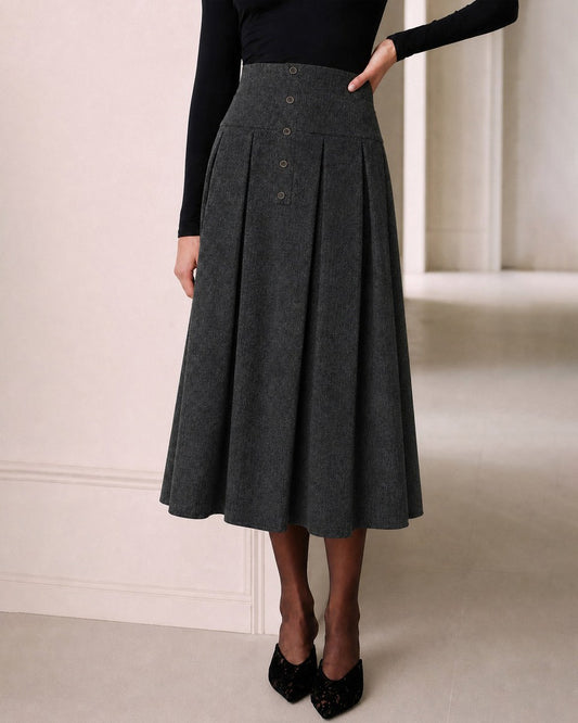Grey Button A-Line Midi Skirt