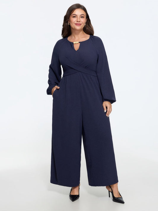 Beaded Keyhole Neck Long Sleeve Wide Leg Jumpsuit